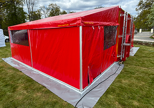 Tältduk för containertält från Kungsäter Industri, används av tex räddningstjänsten.
